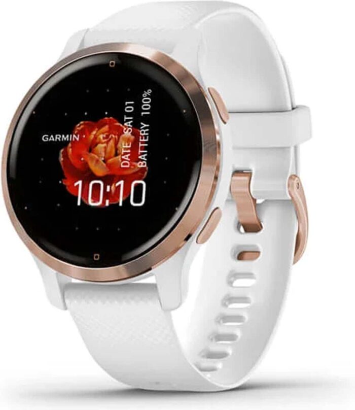 Sporthorloge GARMIN Venu® 2S, Rose Gold rand van rvs met witte behuizing en sil polsband