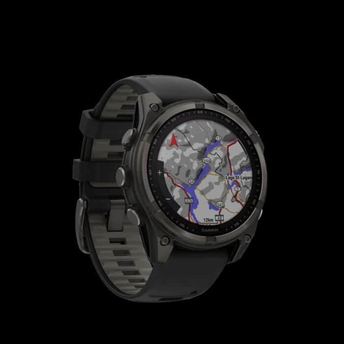 Sporthorloge fēnix® 8 - 47 mm, Solar, Sapphire, Carbon grey DLC-titanium met zwarte/pebble grey siliconen band