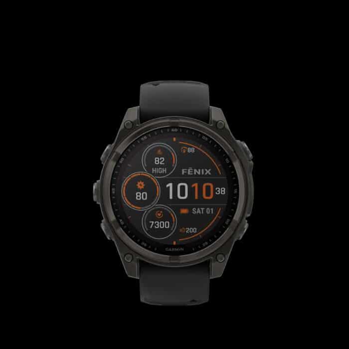 Sporthorloge fēnix® 8 - 47 mm, Solar, Sapphire, Carbon grey DLC-titanium met zwarte/pebble grey siliconen band