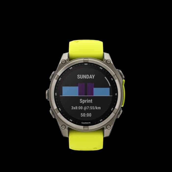 Sporthorloge fēnix® 8 - 47 mm, Solar, Sapphire, Titanium met Amp Yellow/graphite siliconen band