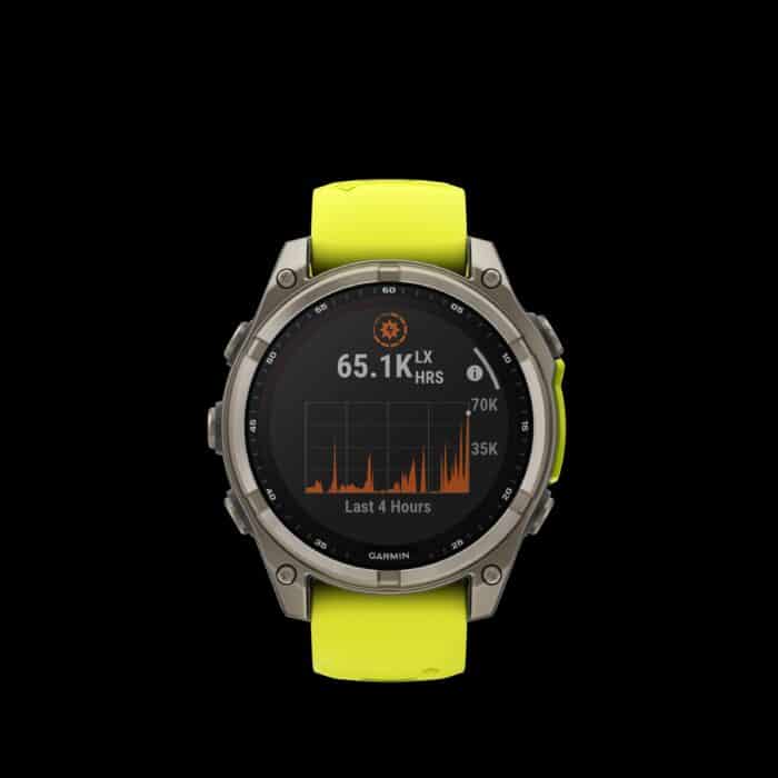 Sporthorloge fēnix® 8 - 47 mm, Solar, Sapphire, Titanium met Amp Yellow/graphite siliconen band