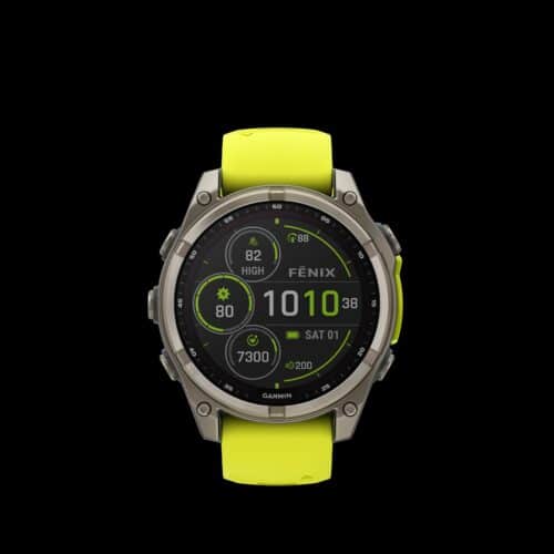 Sporthorloge fēnix® 8 - 47 mm, Solar, Sapphire, Titanium met Amp Yellow/graphite siliconen band