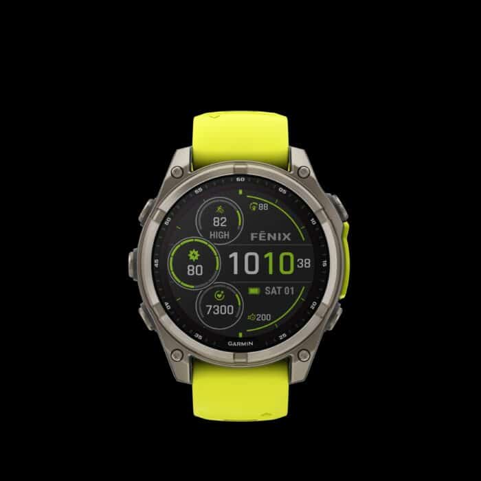 Sporthorloge fēnix® 8 - 47 mm, Solar, Sapphire, Titanium met Amp Yellow/graphite siliconen band