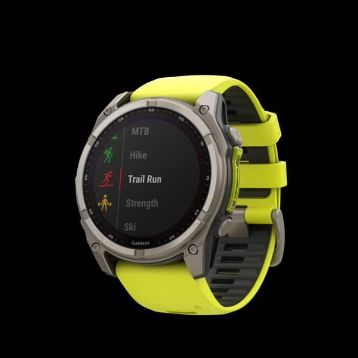 Sporthorloge fēnix® 8 - 51 mm, Solar, Sapphire, Titanium met Amp Yellow/graphite siliconen band