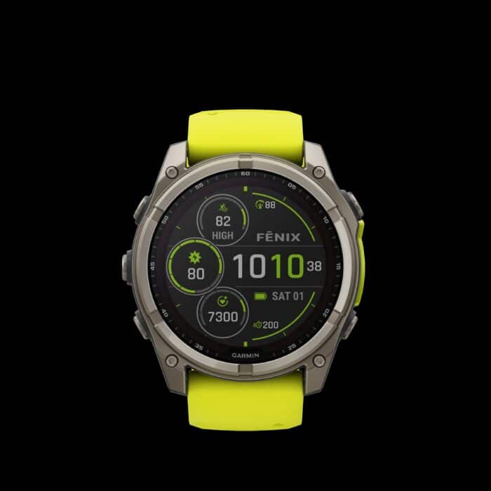 Sporthorloge fēnix® 8 - 51 mm, Solar, Sapphire, Titanium met Amp Yellow/graphite siliconen band