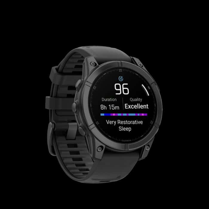 Sporthorloge fēnix® E – 47 mm, AMOLED, Slate grey staal met Zwarte siliconen band